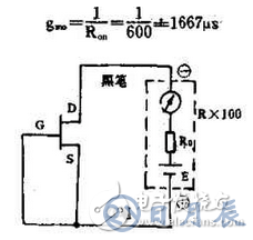 　萬用電表置R×1k檔，然后反復(fù)測(cè)試管子的三個(gè)電極，只要其中兩腳的正、反向測(cè)試電阻值相等，約為幾千歐姆時(shí)，這兩個(gè)極必定是漏、源極。當(dāng)然為了驗(yàn)證還得確定剩下那只腳是柵極，該腳對(duì)漏、源極中任一腳的正、反向電阻應(yīng)是不一樣大的（PN結(jié)），若—樣，說明該管是壞的。