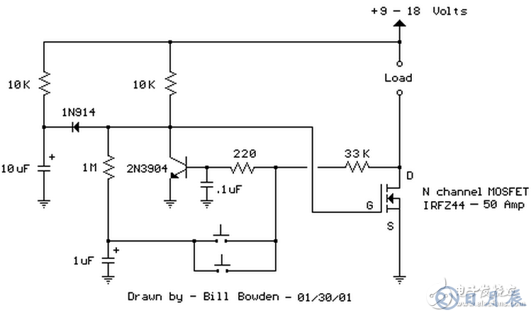 當(dāng)開關(guān)按下時(shí)，1uF電容被連接到220歐姆和33K電阻連接點(diǎn)，NPN晶體管截止，場(chǎng)效應(yīng)管導(dǎo)通開啟負(fù)載。釋放按鈕后，1uF電容通過1M電阻充電。第二次按下開關(guān)，1uF電容充電后的電壓被加載到NPN晶體管基極，晶體管導(dǎo)通，場(chǎng)效應(yīng)管關(guān)閉，負(fù)載斷電。